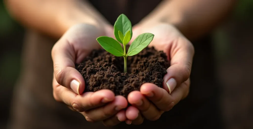 Gros plan sur des mains tenant une jeune plante avec de la terre Gros plan sur des mains tenant une jeune plante avec de la terre
